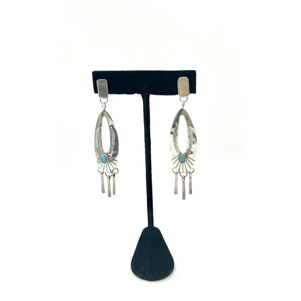 Navajo Sterling Turquoise Dangle Earrings by Pat Platero Handmade Silver 925 - Picture 2 of 7